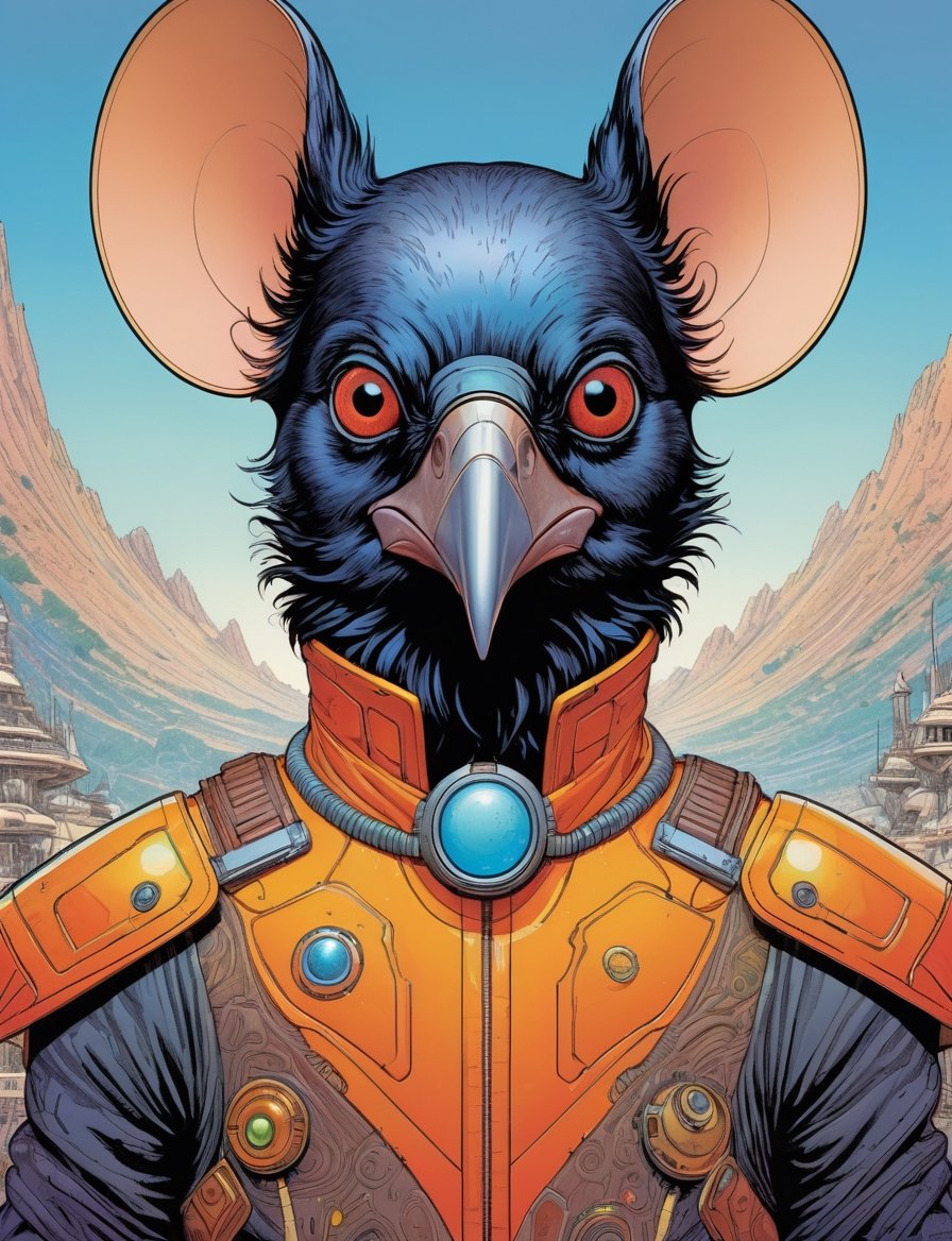 Jean Giraud ((Moebius style)),  head and shoulders Portrait of a anthropomorphic fusion with animal space sci-fi cyborg,...