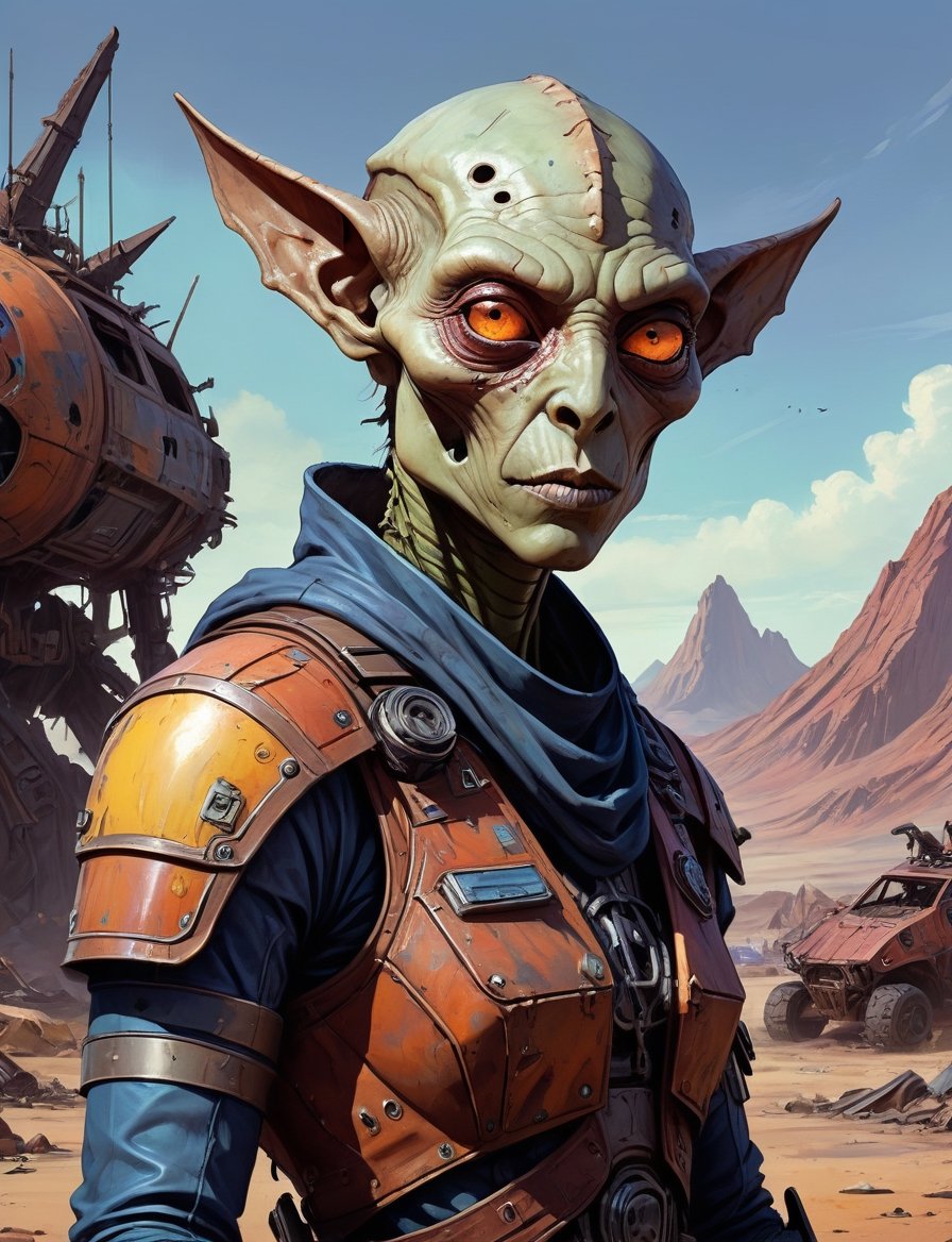 head and shoulders portrait,  A post-apocalyptic alien wearing a patched-together outfit in dystopian style,  casually lea...