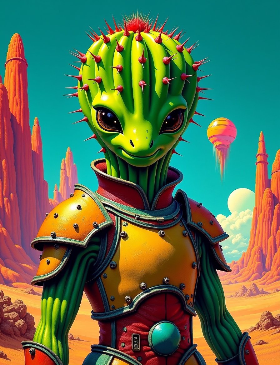 1950s retro sci-fi painting of a head and shoulders portrait,  a anthropomorphic cactus warrior ,  wearing armor with intr...