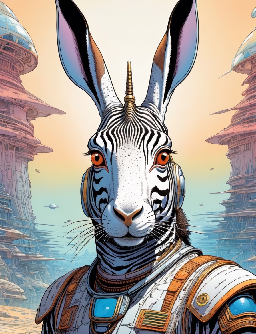 Jean Giraud ((Moebius style)),  head and shoulders Portrait of a anthropomorphic fusion with animal space sci-fi cyborg,...