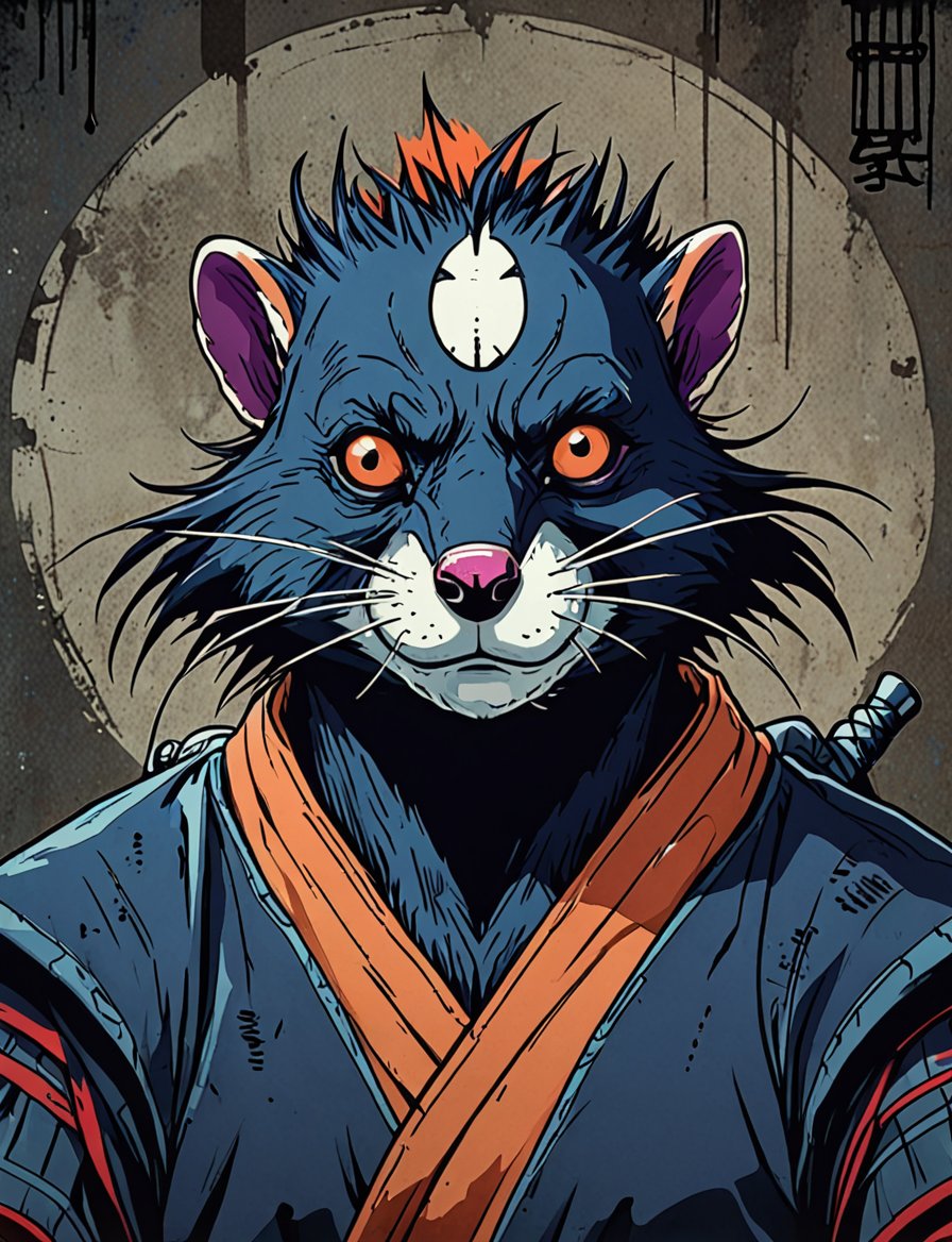 (close up, head and shoulders portrait:1.5), red, orange, blue, violet gradient ,(anthromorphic skunk :1.5), samurai, wearing samurai armor, (strong outline sketch style:1.5), symmetrical features, gritty fantasy, (darkest dungeon art style :1.4), dark muted background, detailed, one_piece_wano_style, Dark Manga of,anime screencap