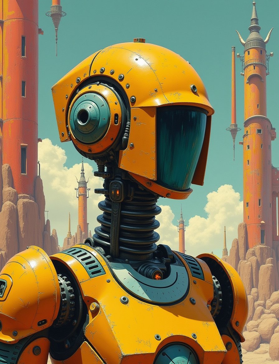 1950s retro sci-fi painting of a head and shoulders portrait,  a narrow rectangular bug head robot ,  wearing polycarbonat...