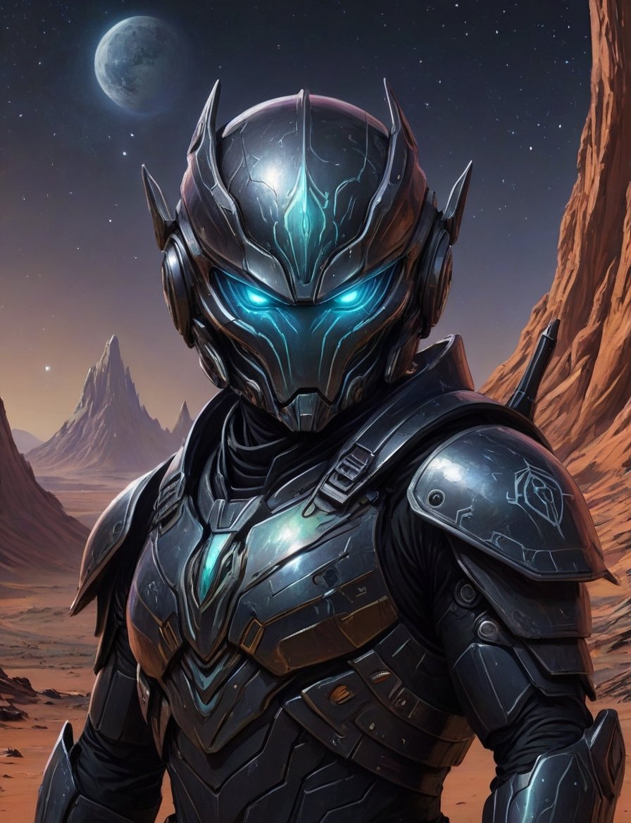 Close up,  head and shoulders portrait,  destiny 2 Warlock alien guardian in futuristic iridescent and black armor on Mars...