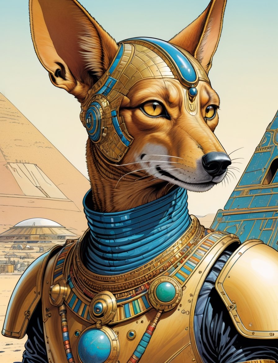 Jean Giraud ((Moebius style)),  head and shoulders Portrait of a anthropomorphic jackal Tutankhamen space marine cyborg,...