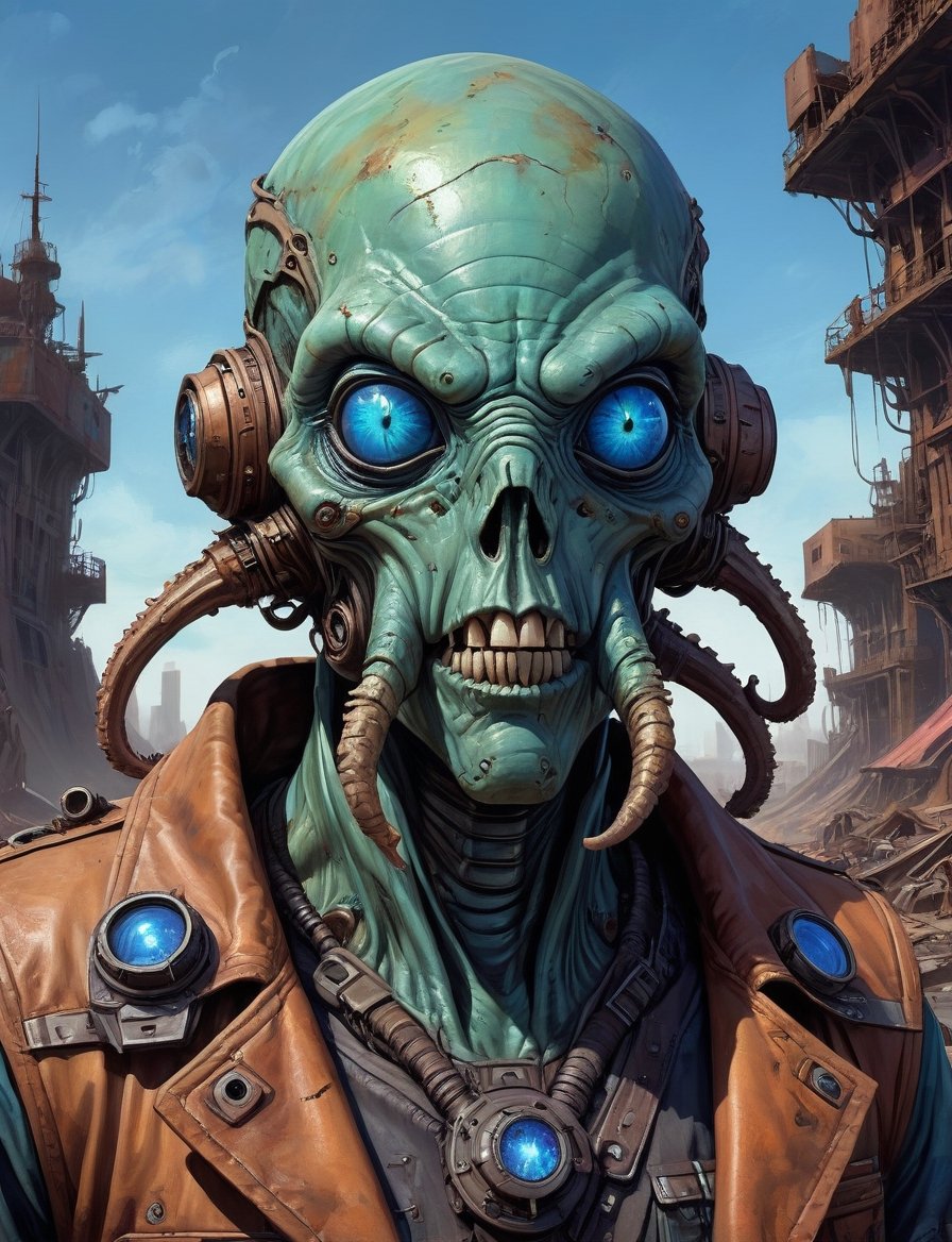 head and shoulders portrait,  A post-apocalyptic alien Cthulhu wearing a patched-together outfit in dystopian style,  rust...