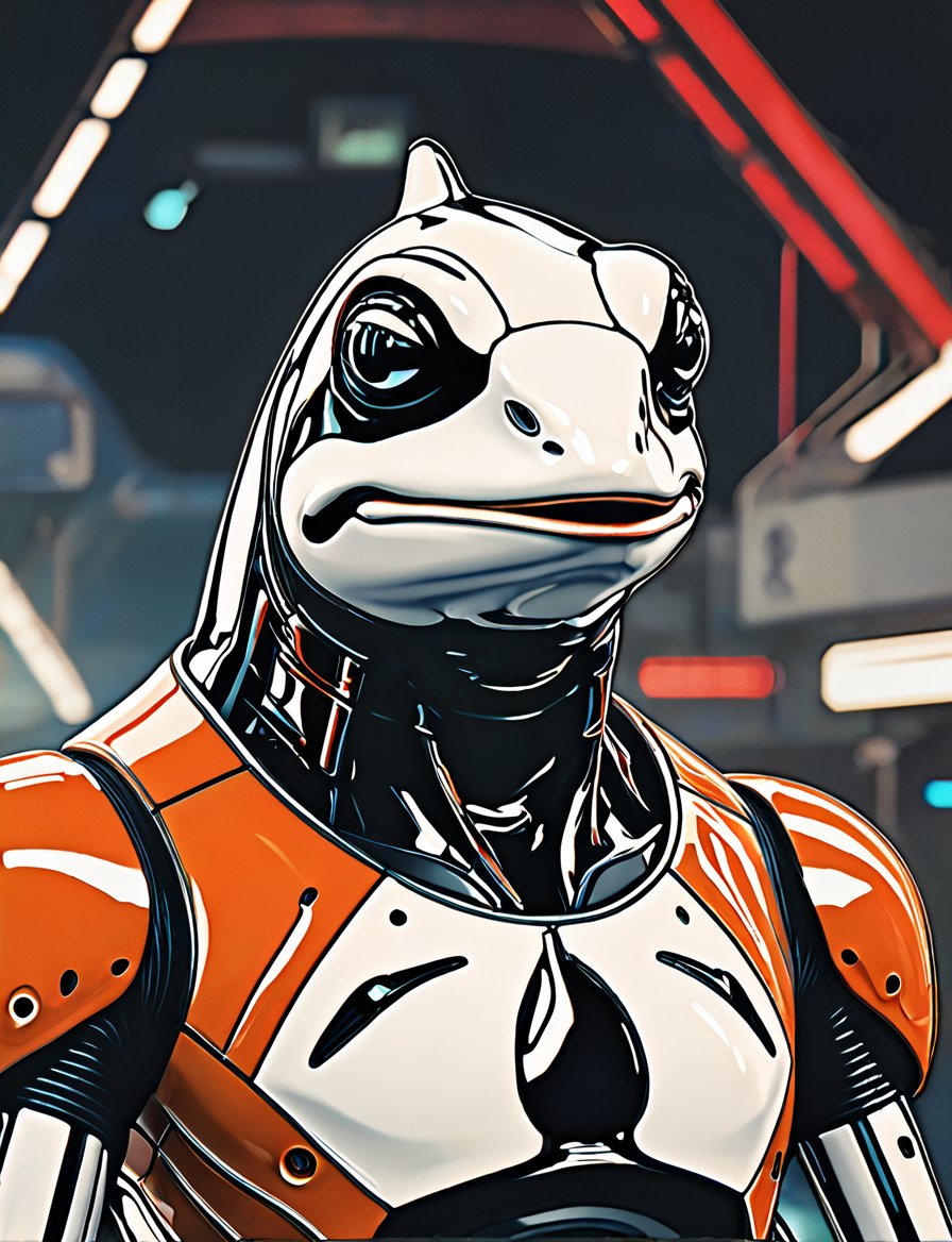 (close up, head and shoulders portrait:1.5), An extremely detailed 1970s retro-future anthropomorphic (frog:1.2) (orca :1.4) robot, centered, (strong outline sketch style:1.5), (flat silkscreen art style:1.4), minimal dark background, red, orange, sapphire, black and white tones, masterpiece, epic, sharp focus,, by pascal blanche rutkowski repin artstation painting concept art of detailed character design matte painting, 4 k resolution blade runner, dark muted background, detailed, comic book,dcas_lora