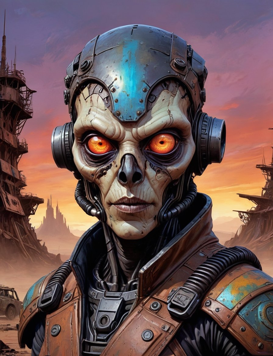 head and shoulders portrait,  A post-apocalyptic alien biss wearing a patched-together outfit in dystopian style,  rusted...