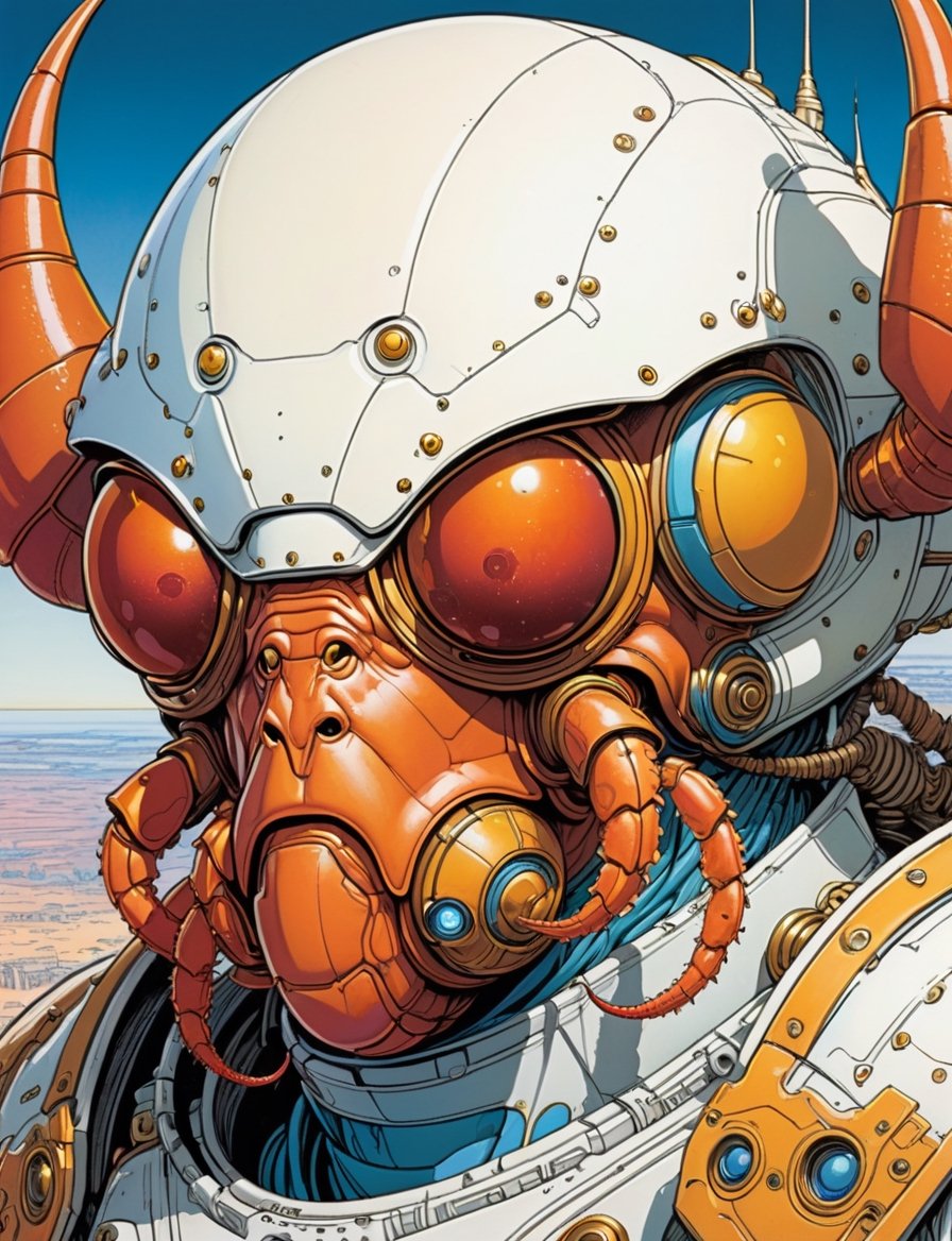 Jean Giraud ((Moebius style)),  head and shoulders Portrait of a anthropomorphic crab cephalopod space marine cyborg,  bac...