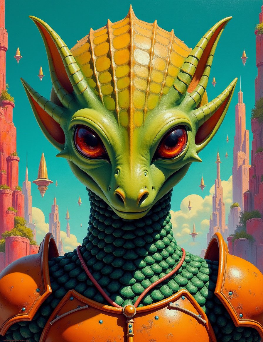 1950s retro sci-fi painting of a head and shoulders portrait,  a anthropomorphic scaled warrior ,  wearing armor with intr...