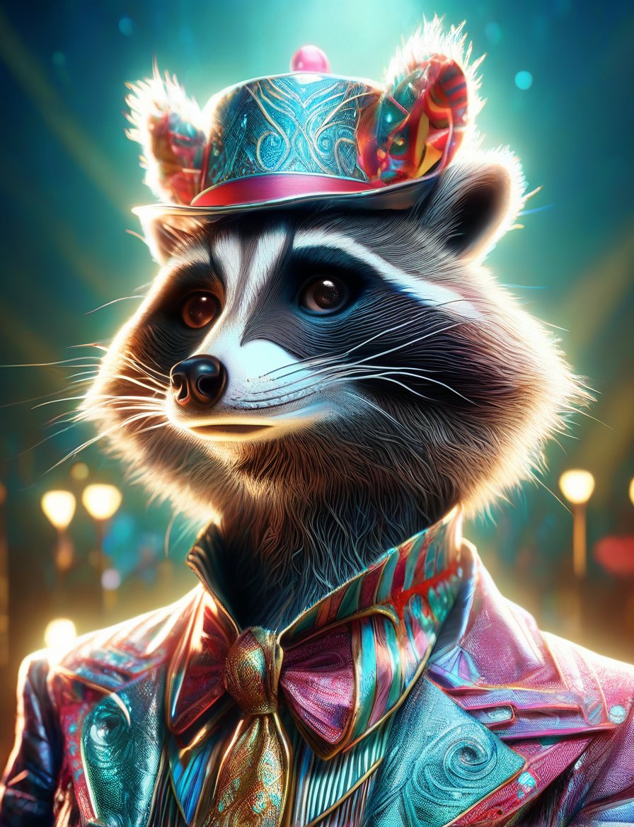 (head and shoulders portrait:1.2), (anthropomorphic raccoon :1.3) as circus clown performer , zorro mask, holographic glowing eyes, wearing circus outfit , (outline sketch style:1.5), surreal fantasy, close-up view, chiaroscuro lighting, no frame, hard light, in the style of esao andrews, DonM3lv3nM4g1cXL