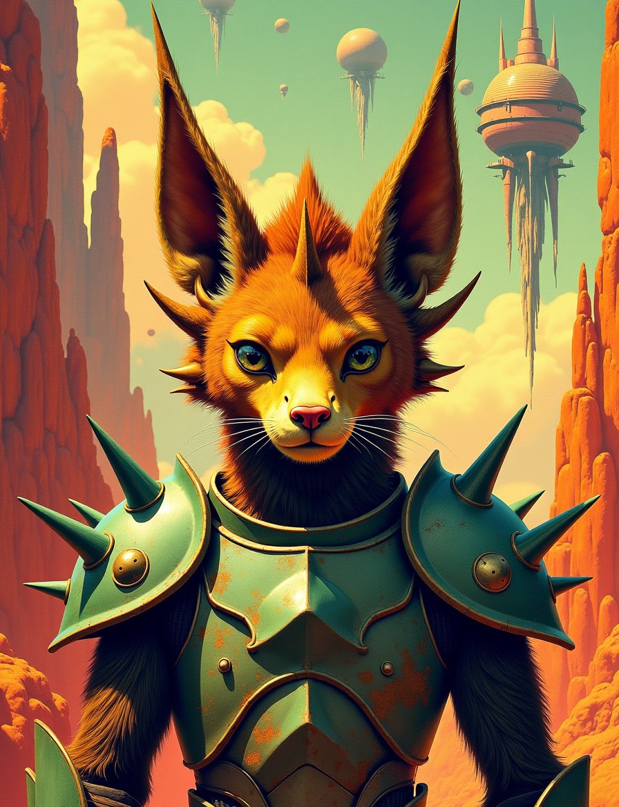 1950s retro sci-fi painting of a head and shoulders portrait,  a anthropomorphic furry warrior ,  wearing armor with intri...