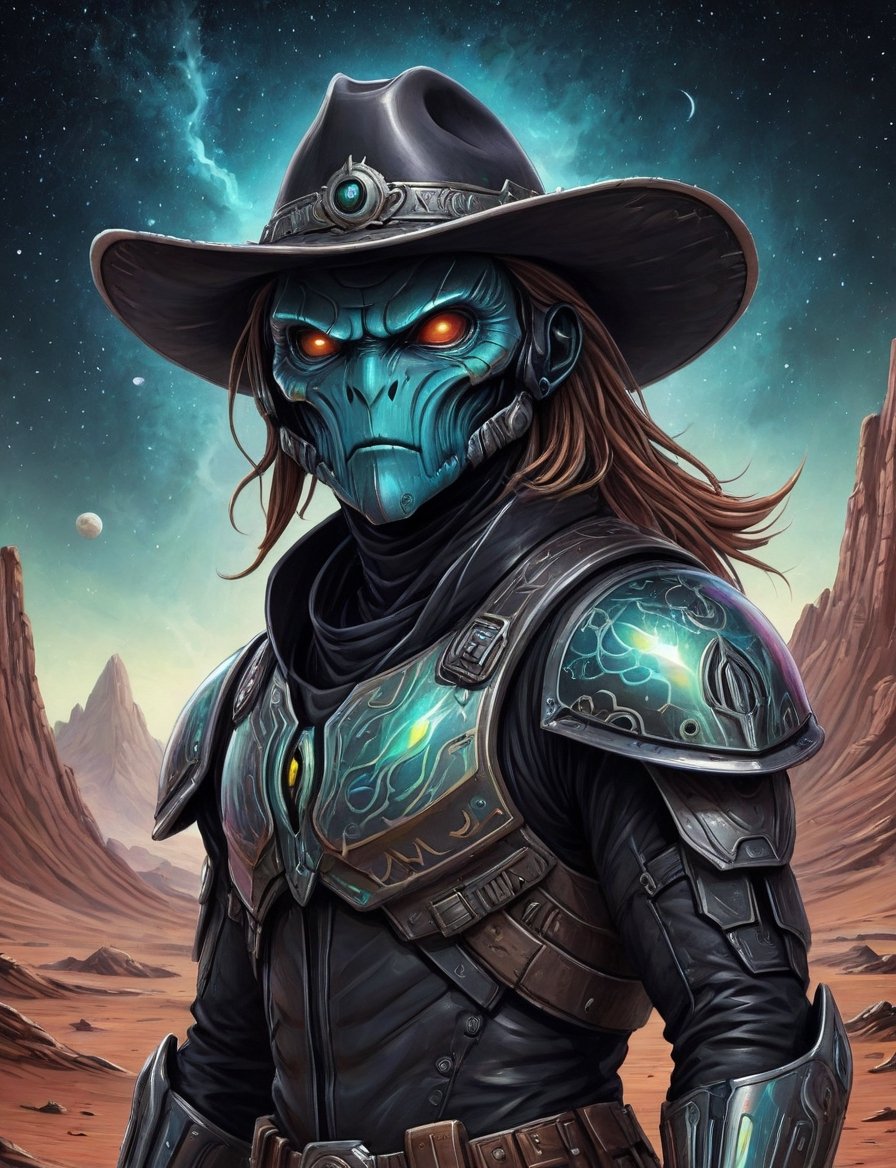Close up,  head and shoulders portrait,  space cowboy alien guardian gunslinger in futuristic iridescent and black armor o...