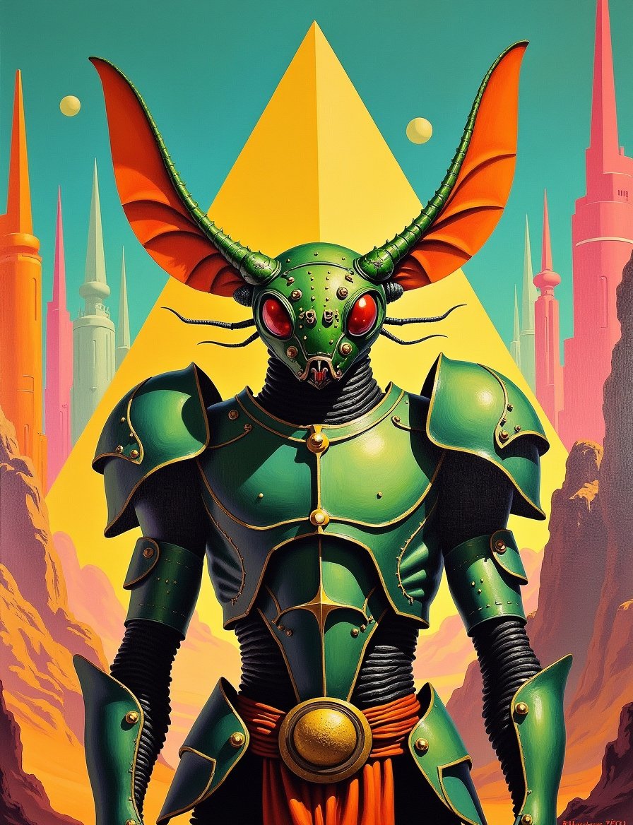 1950s retro sci-fi painting of a head and shoulders portrait,  a anthropomorphic insect warrior ,  wearing armor with intr...