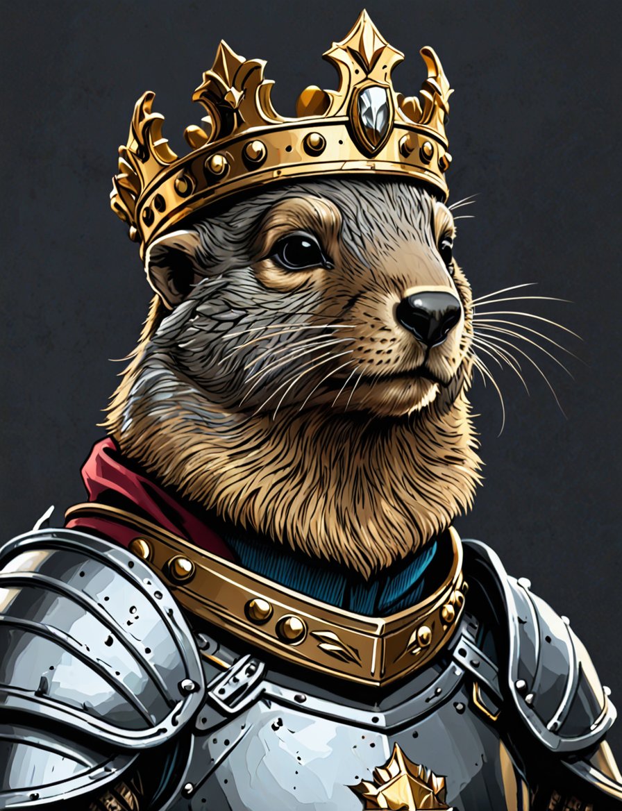 (close up, head and shoulders portrait:1.5), anthropomorphic marmot knight, wearing gleaming armor, wearing crown, centered, (strong outline sketch style:1.3), dark background, muted colors, detailed, comic book