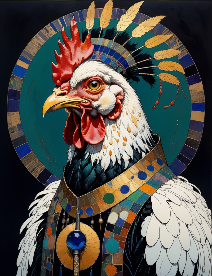 Painting of a chicken shaman with a spear and traditional clothing,  in the style of harry clarke and gustav klimt,  analo...