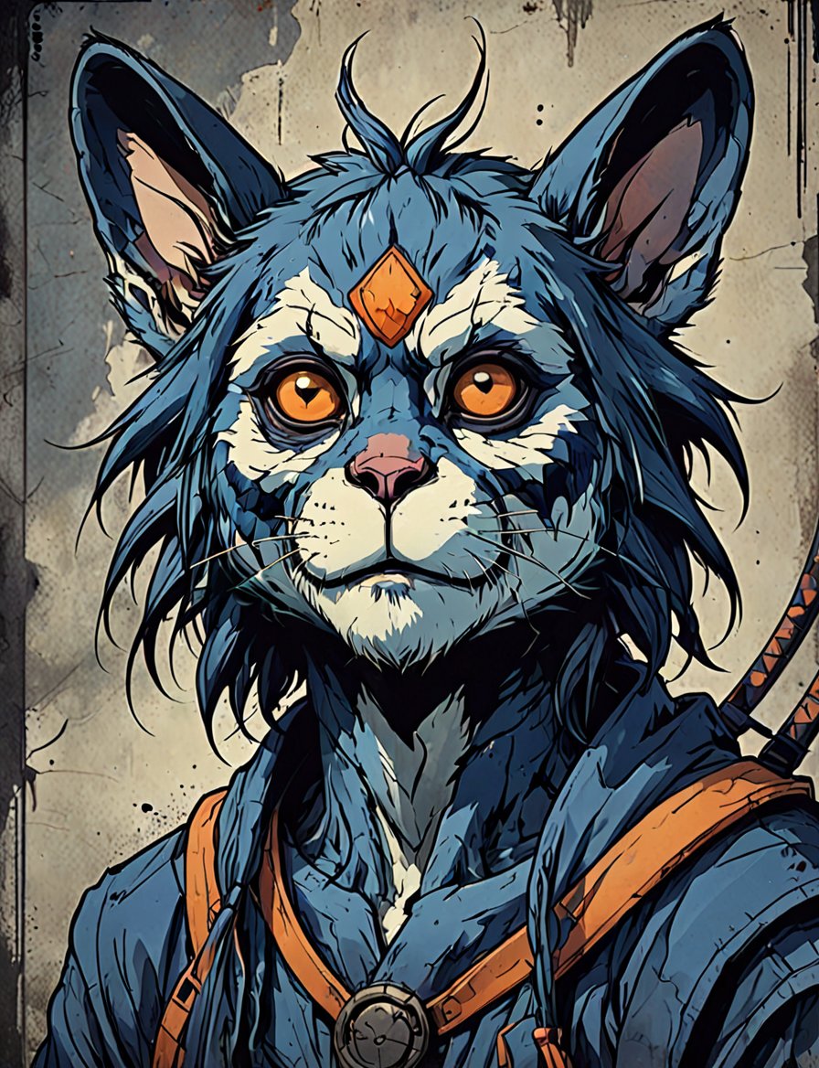 (close up, head and shoulders portrait:1.5), violet, orange, blue gradient ,(anthropomorphic bengal langur rabbit :1.5), (angular shapes:1.7), samurai, wearing samurai armor, (strong outline sketch style:1.5), symmetrical features, gritty fantasy, (darkest dungeon art style :1.4), dark muted background, detailed, Dark Manga of,Dark Anime of,comic book