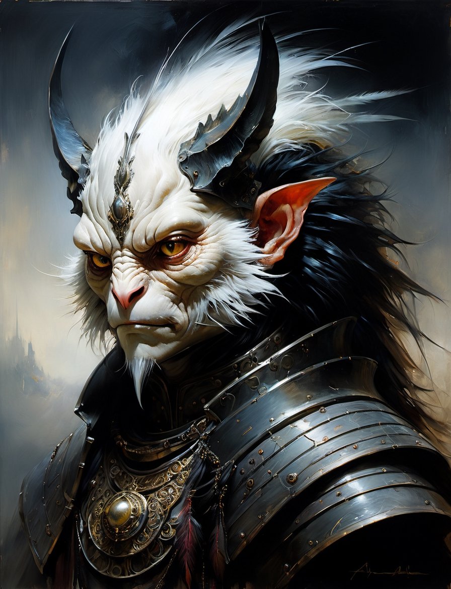 head and shoulders portrait,  anthropomorphic Hybrid bird alien knight animal oni,  wearing traditional clothing by Crysta...