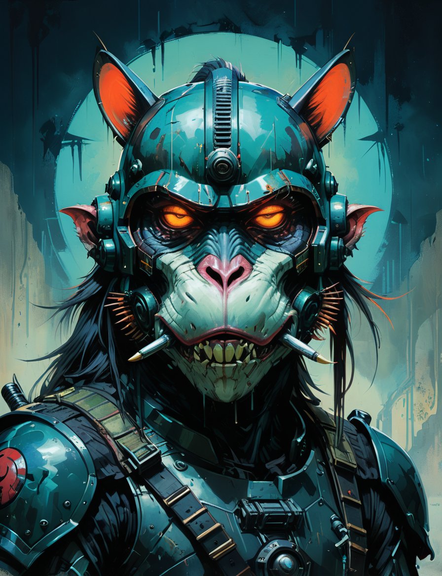 art by simon bisley, art by ralph steadman, art by vallejo, a masterpiece, stunning detail, (head and shoulders portrait:1.3), (anthropomorphic (death trooper:1.7)  (mandrill :1.7) oni :1.3), oni_horns, samurai helmet, neuromancer, cyberpunk, holographic glowing, glowing eyes, wearing black leather armor, creature fur scales , dark background , tangerine and teal color scheme 