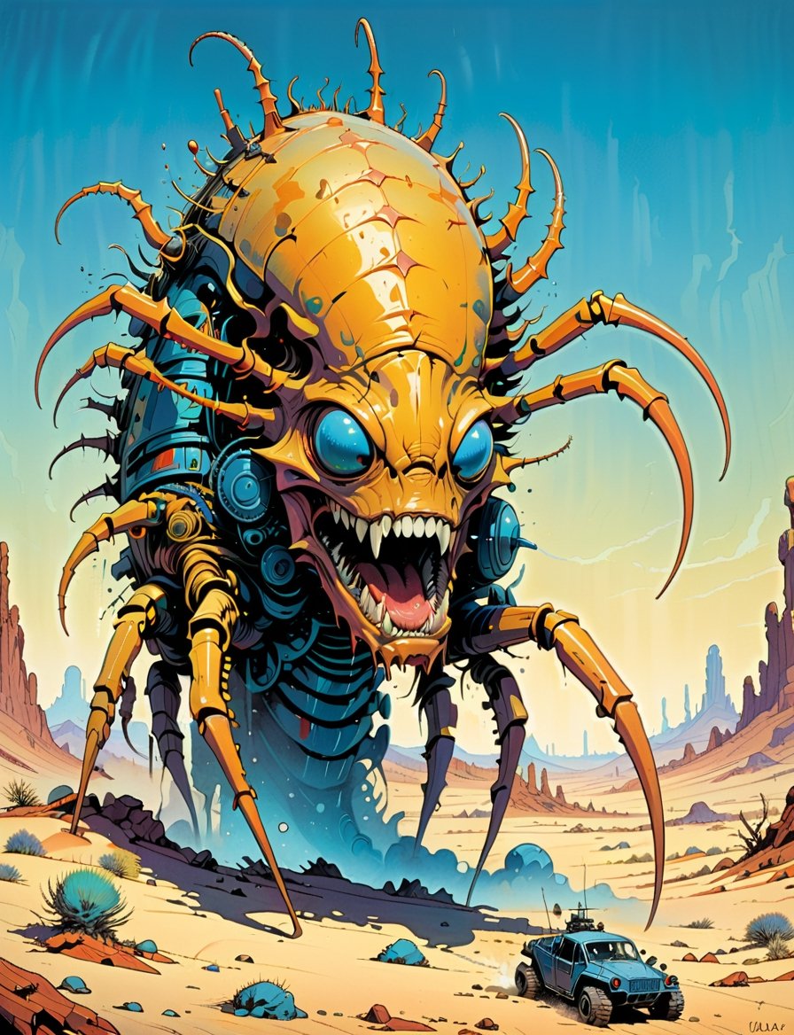 1980s style fantasy.oil painting.barren desert.dynamic action scene. a large centipede monster ,  the monster stands on mu...