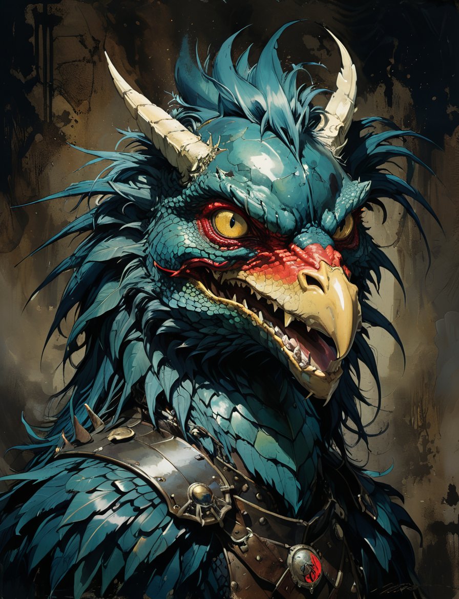 art by simon bisley, art by ralph steadman, art by vallejo, a masterpiece, stunning detail, (head and shoulders portrait:1.3), (anthropomorphic (dragon1.4)  (rooster :1.5) :1.3), supreme wearing black leather armor, creature fur scales , dark background 