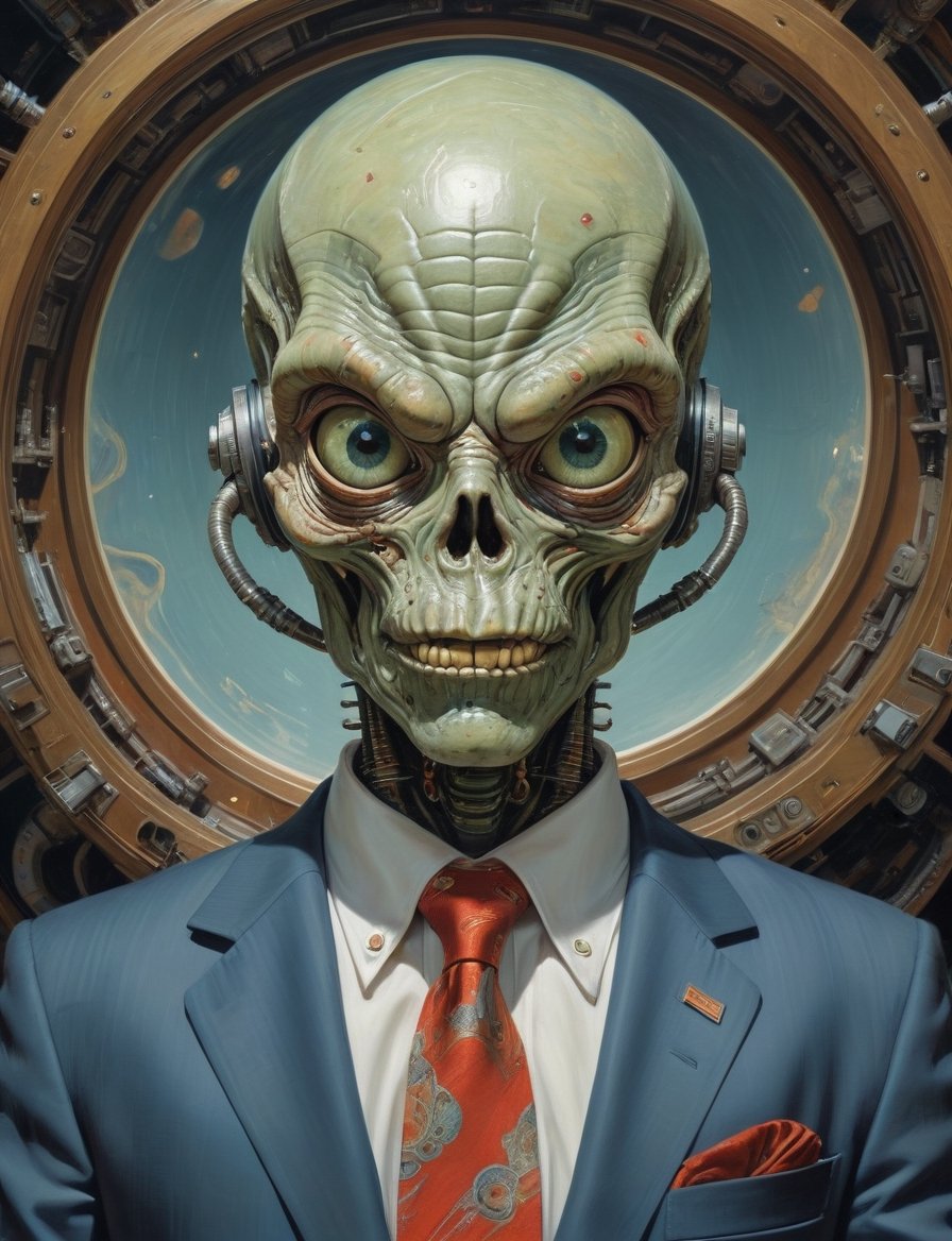 Sci-fi mars attacks alien wearing a business suit,  head and shoulders portrait ,  hyper-detailed oil painting by Crystalb...