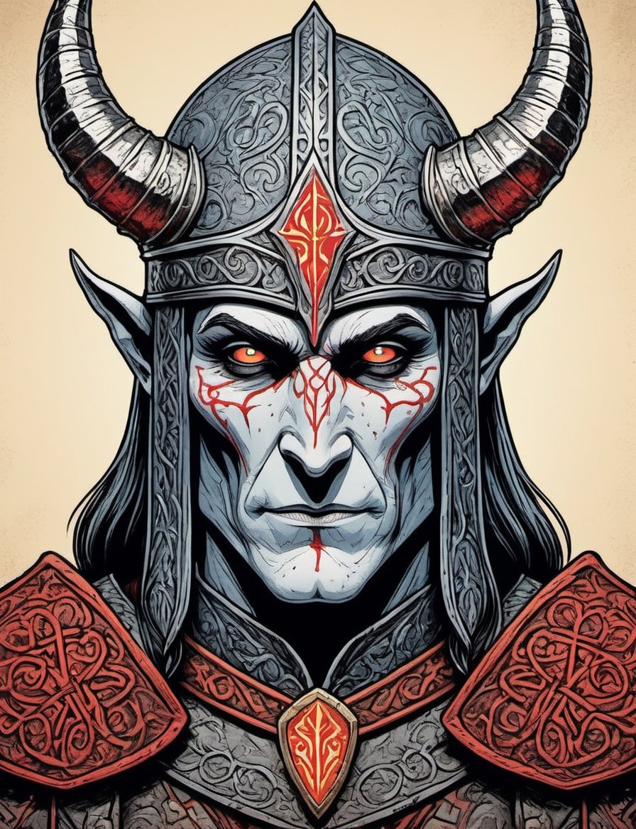 head and shoulders comic portrait of sauron the necromancer wearing armor with magic runes,  ,  inspired by Jesús Mari Laz...