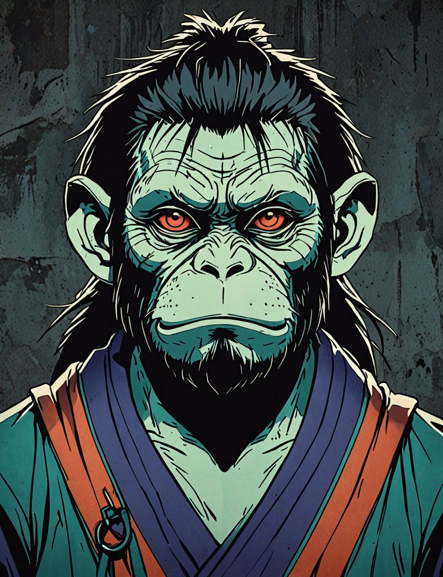 (close up, head and shoulders portrait:1.5), red, orange, green, teal, aqua, blue, violet gradient ,(anthromorphic capuchin :1.5), samurai, wearing samurai armor, (strong outline sketch style:1.5), symmetrical features, gritty fantasy, (darkest dungeon art style :1.4), dark muted background, detailed, one_piece_wano_style, Dark Manga of,anime screencap,Dark Anime of