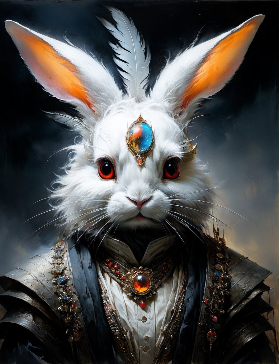 head and shoulders portrait,  anthropomorphic Hybrid bird alien rabbit animal oni,  wearing traditional clothing by Crysta...