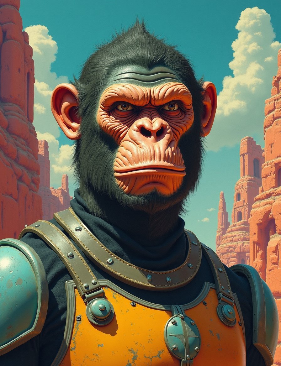 1950s retro sci-fi painting of a head and shoulders portrait,  male ,  a anthropomorphic ape robot bounty hunter by Crysta...