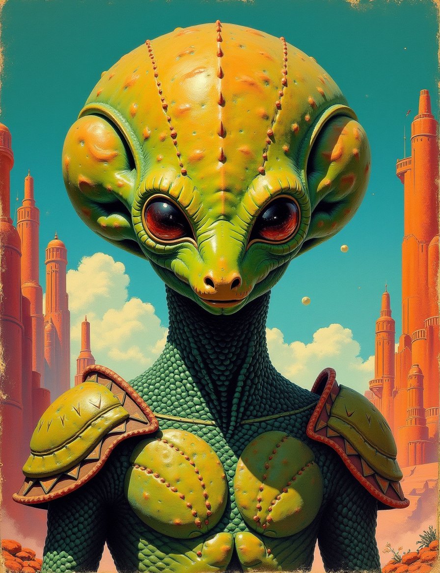 1950s retro sci-fi painting of a head and shoulders portrait,  a anthropomorphic scaled warrior ,  wearing armor with intr...