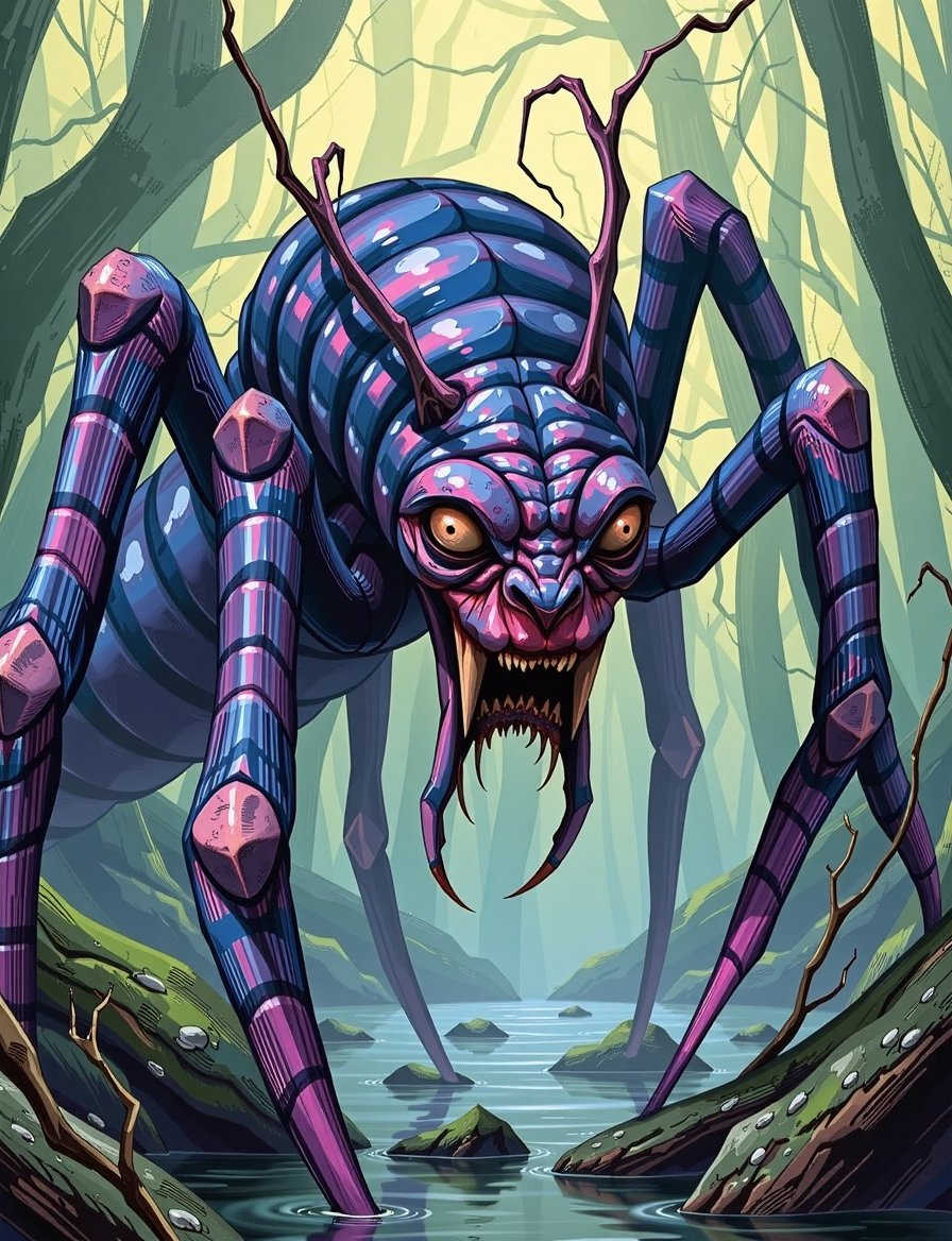 Close up of Koh the Face Stealer,  with a human face in the middle,  spider-like appendages sprouting disturbingly from it...