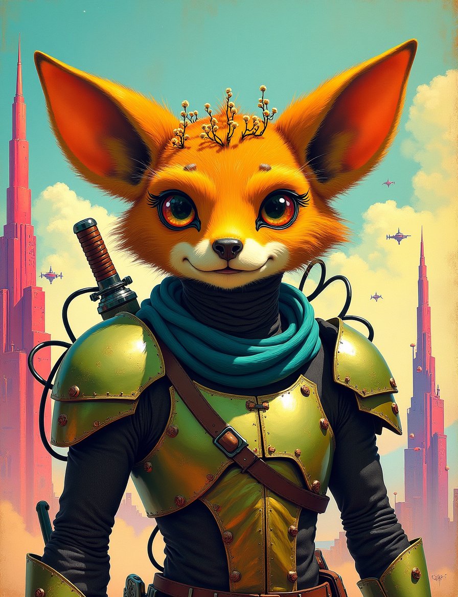 1950s retro sci-fi painting of a head and shoulders portrait,  a anthropomorphic furry warrior ,  wearing armor with intri...
