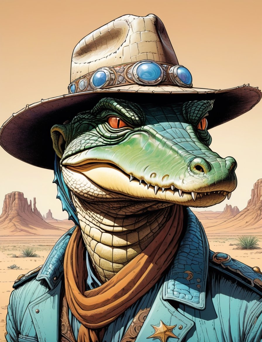 Jean Giraud ((Moebius style)),  head and shoulders Portrait of a anthropomorphic crocodile animal space cowboy cyborg,  we...