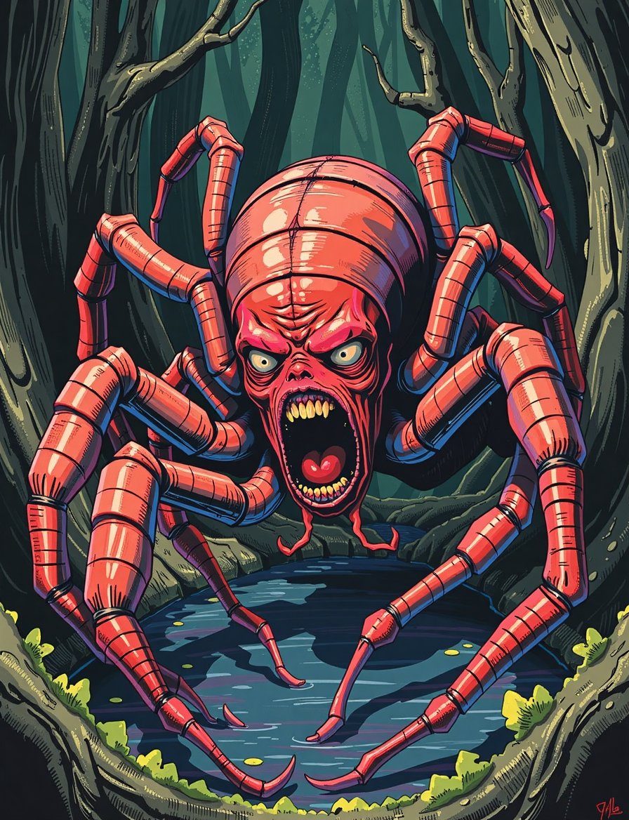 Koh the Face Stealer,  with a human face in the middle,  spider-like appendages sprouting disturbingly from its multiple s...