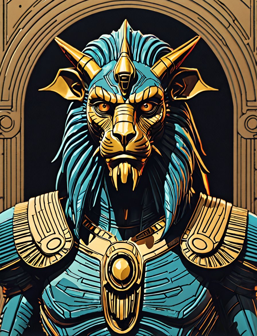 (close up, head and shoulders portrait:1.5), An extremely detailed 1970s retro-future anthropomorphic (pharaoh :1.2) (manticore :1.4) robot, centered, (strong outline sketch style:1.5), (flat silkscreen art style:1.9), (solid dark background:1.2), (retro color scheme), masterpiece, epic, by pascal blanche rutkowski repin artstation painting concept art of detailed character design matte painting, 4 k resolution blade runner, dark muted background, detailed, comic book,dcas_lora