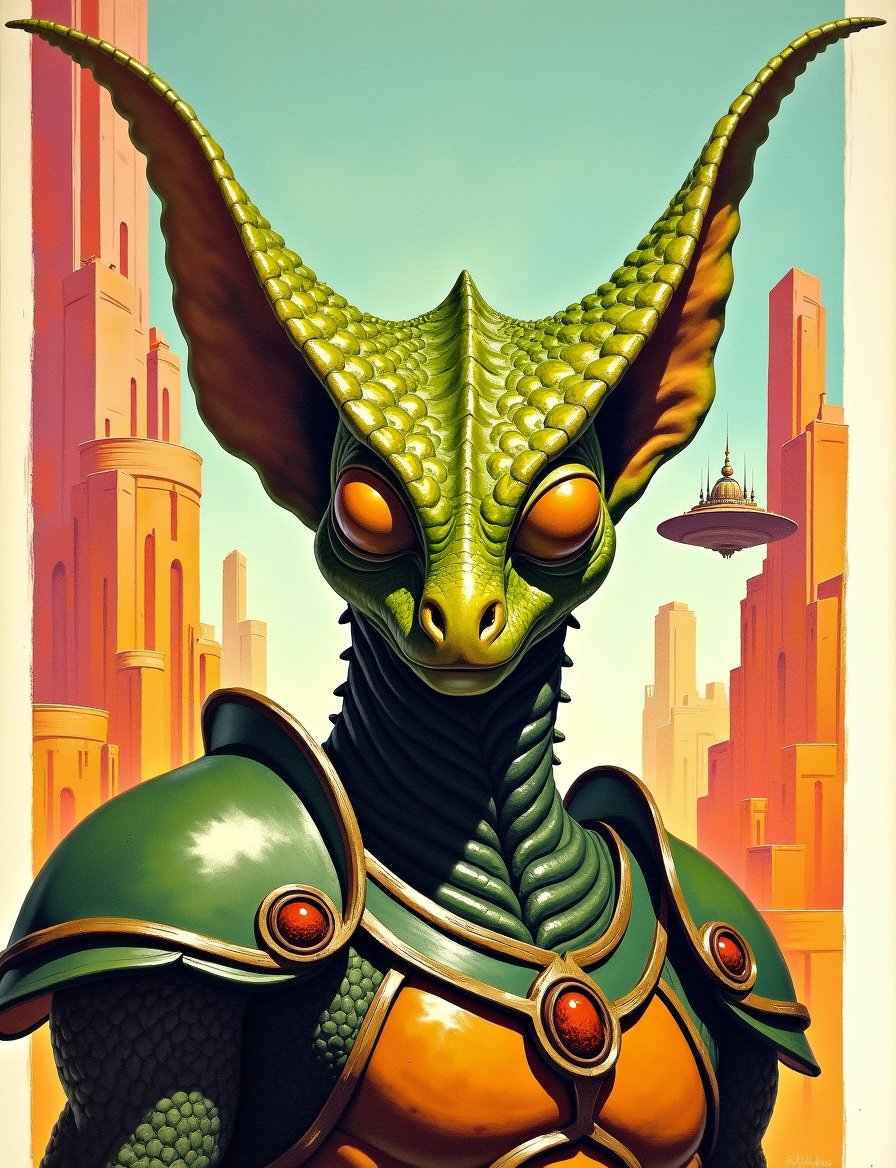 1950s retro sci-fi painting of a head and shoulders portrait,  a anthropomorphic scaled warrior ,  wearing armor with intr...