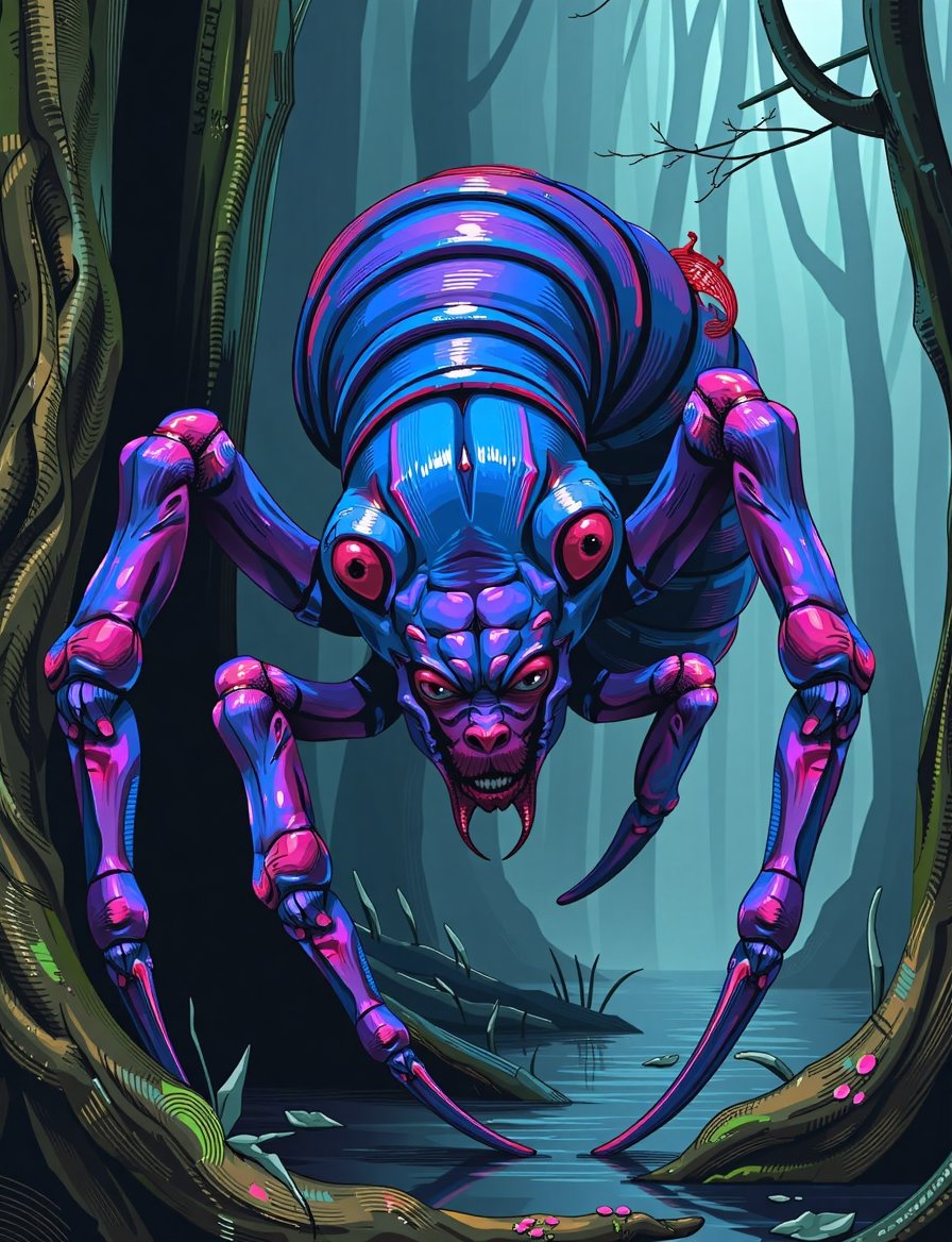 Close up head and shoulders portrait of anthropomorphic ,  with a human face in the middle,  spider-like appendages sprout...