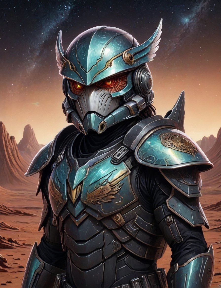 Close up,  head and shoulders portrait,  space cowboy alien trooper guardian gunslinger in futuristic iridescent and black...
