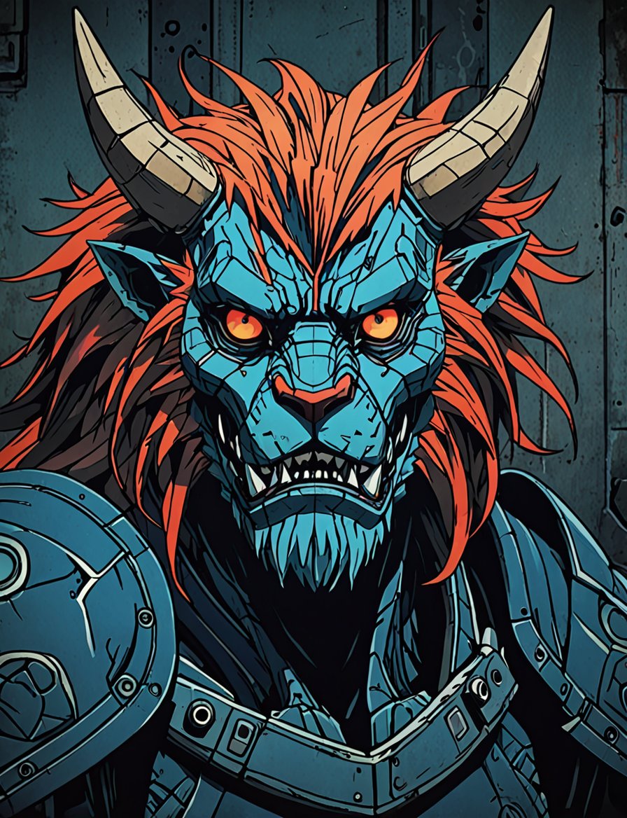 (close up, head and shoulders portrait:1.5), red, orange, blue gradient ,(anthropomorphic manticore biomechanical robot :1.5), (angular shapes:1.7), samurai, wearing samurai armor, (strong outline sketch style:1.5), symmetrical features, gritty fantasy, (darkest dungeon art style :1.4), dark muted background, detailed, one_piece_wano_style, Dark Manga of,anime screencap,Dark Anime of