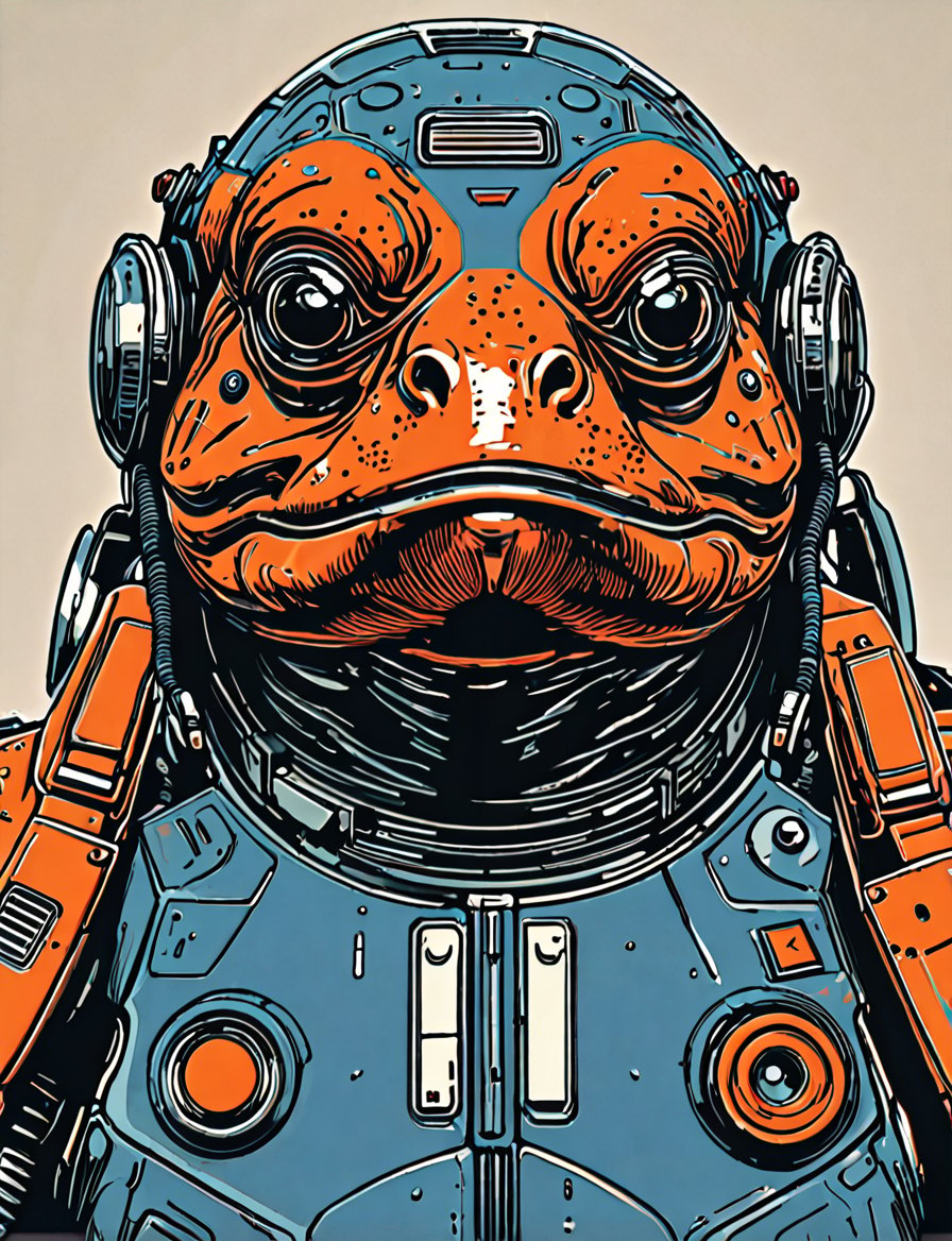 (close up, head and shoulders portrait:1.5), An extremely detailed 1970s retro-future anthropomorphic (frog:1.2) (bison :1.4) robot, centered, (strong outline sketch style:1.5), (flat silkscreen art style:1.7), minimal dark background, red, orange, sapphire, black and white tones, masterpiece, epic, sharp focus,, by pascal blanche rutkowski repin artstation painting concept art of detailed character design matte painting, 4 k resolution blade runner, dark muted background, detailed, comic book,dcas_lora