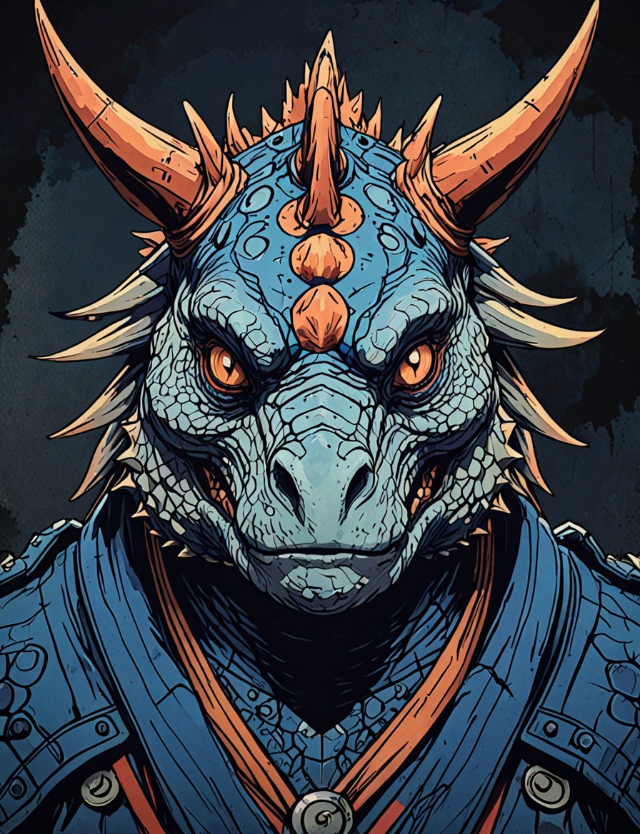 (close up, head and shoulders portrait:1.5), red, orange, blue, violet gradient ,(anthromorphic triceratops eagle:1.5), samurai, wearing samurai armor, (strong outline sketch style:1.5), symmetrical features, gritty fantasy, (darkest dungeon art style :1.4), dark muted background, detailed, one_piece_wano_style, Dark Manga of,anime screencap,Dark Anime of