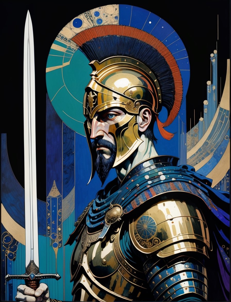 Painting of an spartan warrior,  with a sword,  wearing armor by Crystalballmech on Tensor.Art