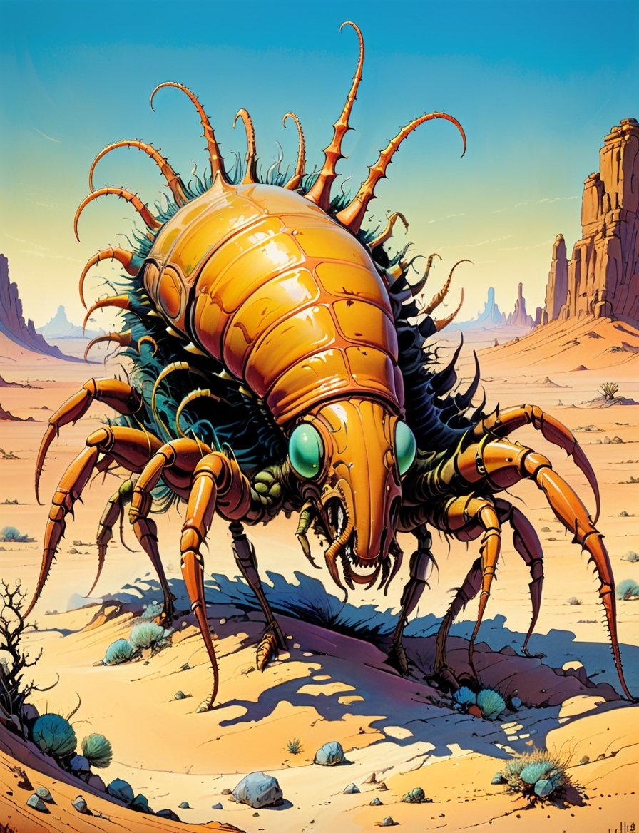 1980s style fantasy.oil painting.barren desert.dynamic action scene. a large centipede monster ,  the monster stands on mu...