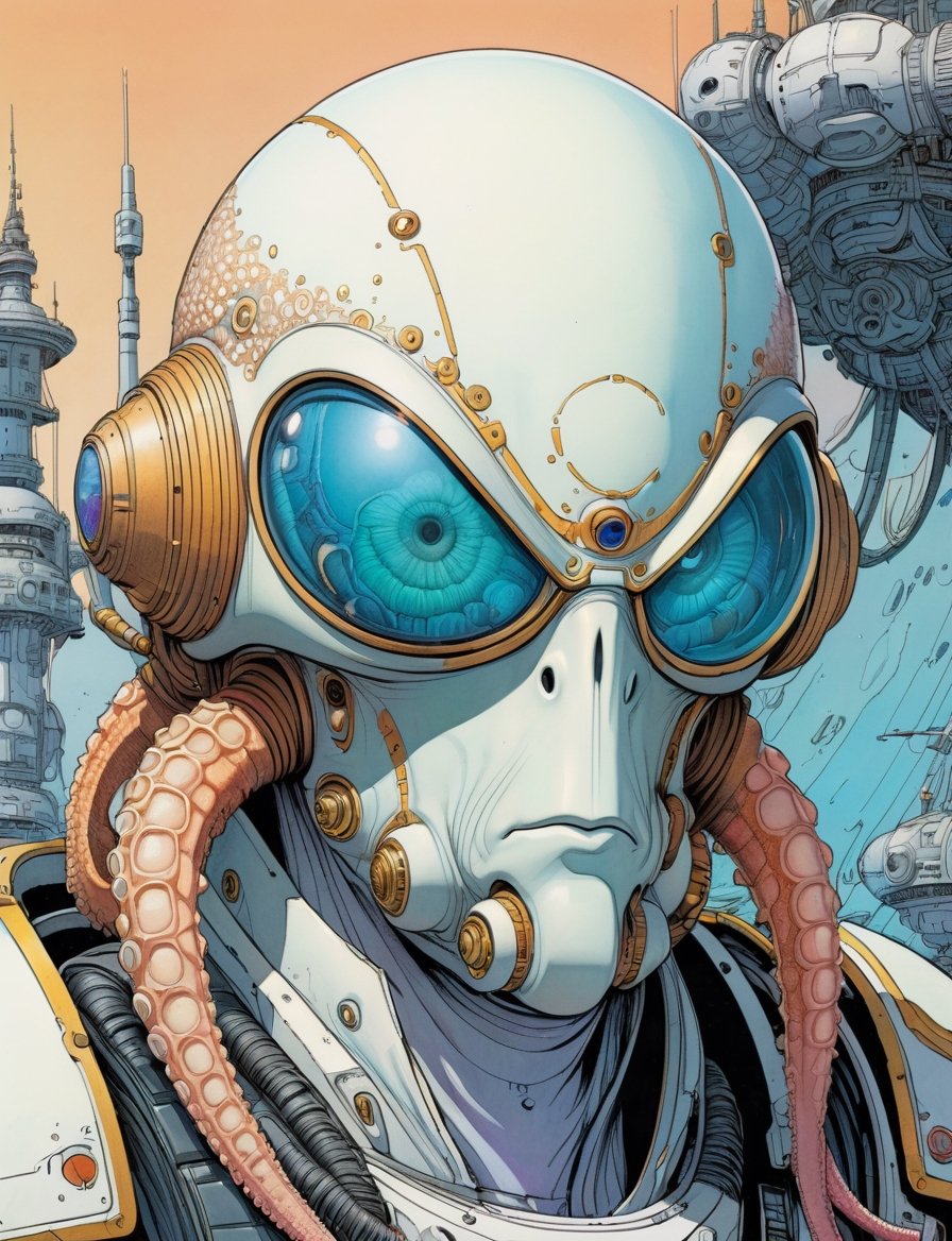 Jean Giraud ((Moebius style)),  head and shoulders Portrait of a anthropomorphic crustacean cephalopod space marine cyborg...