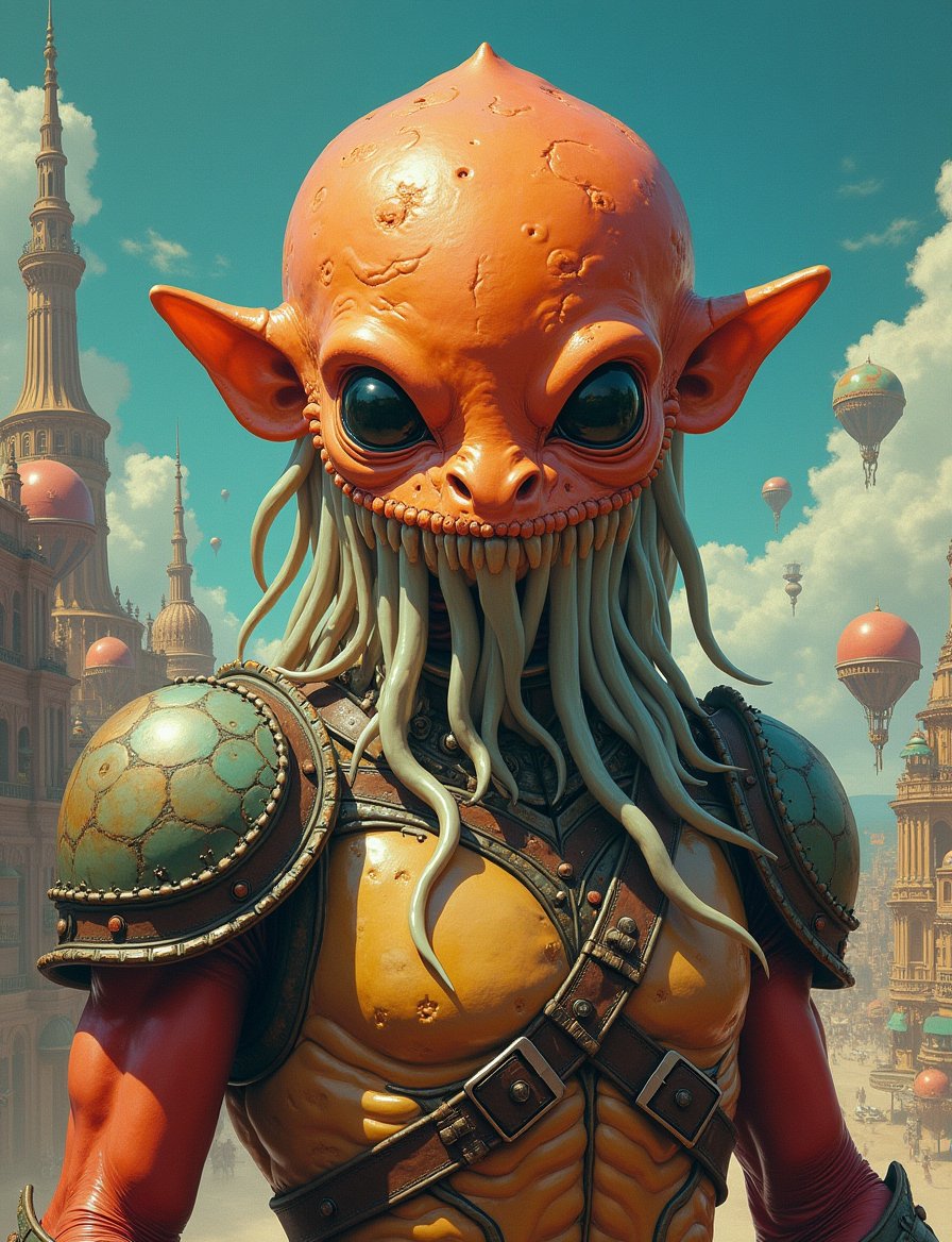 1950s retro sci-fi painting of a head and shoulders portrait,  a anthropomorphic gelatinous robor big warrior ,  wearing a...