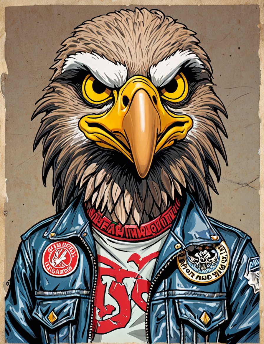 (close up, head and shoulders portrait:1.5), An extremely detailed 1980s (cartoon caricature:1.5), (oversized head caricature:1.3), (anthropomorphic eagle:1.4) , wearing biker gang outfit , grunge , dystopian, in the style of garbage pail kids