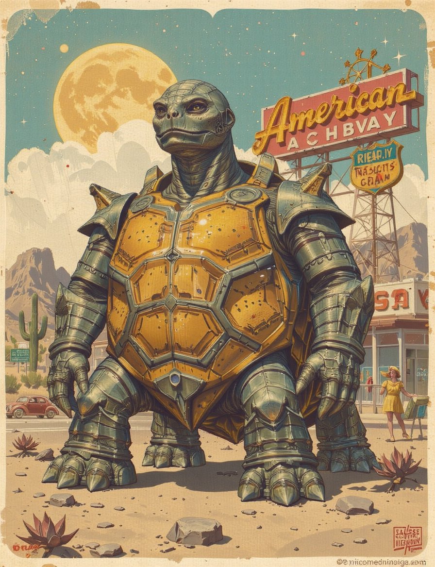 A iron giant turtle styled with 1950s American vintage aesthetics,  featuring retro metallic designs and a desert highway...