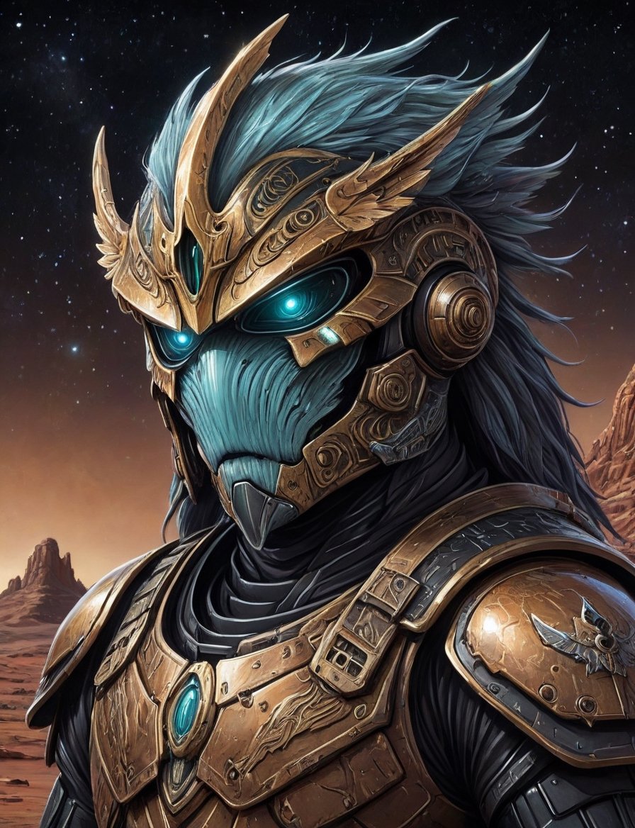 Close up,  head and shoulders portrait,  space cowboy alien trooper guardian gunslinger in futuristic iridescent and black...