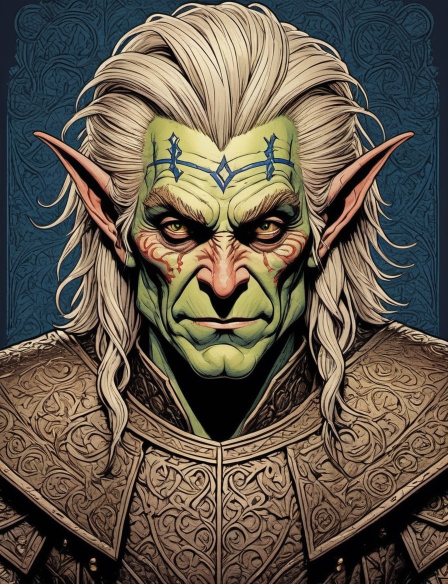 head and shoulders comic portrait of goblin king wearing intricate armor with magic runes,  ,  inspired by Jesús Mari Lazk...