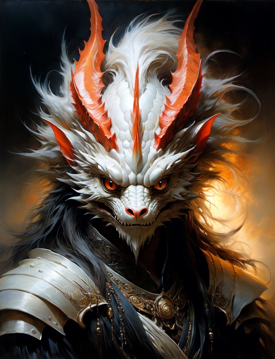 head and shoulders portrait,  anthropomorphic Hybrid bird alien dragon animal oni,  wearing traditional clothing by Crysta...